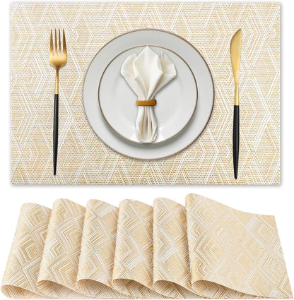 Vinyl Plastic Placemats Set of 6 Washable Heat Resistant Non-Slip Elegant Indoor Outdoor Kitchen Dining PVC Woven Table Place Mats (Gold Yellow Rhombus)
