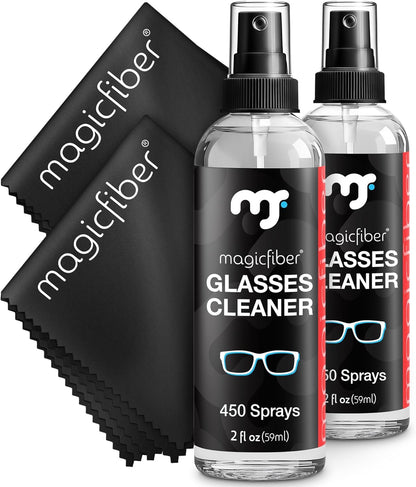 MagicFiber Glasses Cleaner Kit - (2) Eyeglass Cleaner Sprays + (2) Microfiber Cleaning Cloth - Wipes For Eye Glasses, Lenses, Cameras, Screens, Sunglasses, Phones, Electronics, Computer, VR, TV