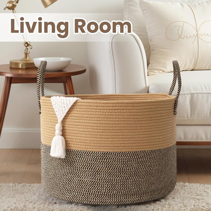 Woven Blanket Basket,65L Large Rope Storage Bin with Handles, Organizer for Blankets Toys Book and Clothes, Laundry Basket for Living Room Bedroom Nursery,Jute&Black