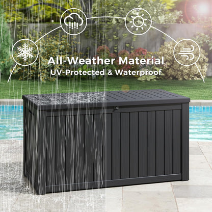 KAMABOKO Outdoor Storage Box, 150 Gallon Large Outdoor Resin Deck Box, Storage Waterproof Boxes Lockable Lid for Garden Tools, Pool Supplies, Patio Furniture and Cushions, Black