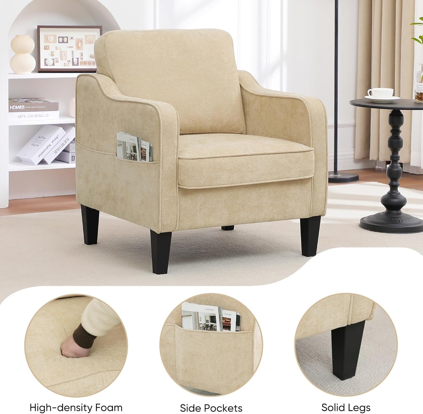 Accent Chairs Set of 2, Upholstered Living Room Chair with Side Pockets, Mid Century Modern Reading Chair for Bedroom, Comfy Armchair Single Sofa Side Chair for Office, Small Room, Light Brown