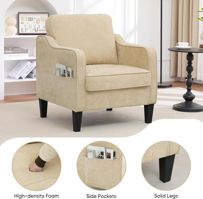 Accent Chairs Set of 2, Upholstered Living Room Chair with Side Pockets, Mid Century Modern Reading Chair for Bedroom, Comfy Armchair Single Sofa Side Chair for Office, Small Room, Light Brown
