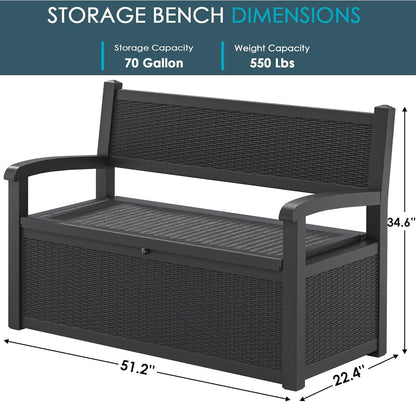 70 Gallon Storage Bench Deck Box for Patio Furniture with Armrest Bench Outdoor Storage