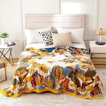 100% Cotton Throw Blanket for Bed Couch Summer 98''x 98'' Super Soft Muslin Blankets Warm Boho Quilt Lightweight Farmhouse Decorative Bed Blankets