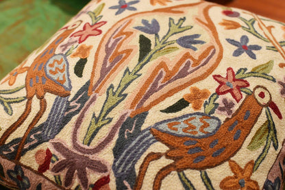 Tree of Life Pillow Cover - Crane Cream Floral Outdoor Pillows | Suzani Cushions | Modern Floral Cushion Hand Embroidered Shams Wool Size - 18x18