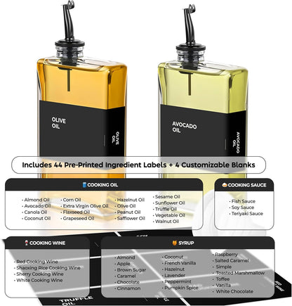 Olive Oil Dispenser Bottle - Includes 44 Kitchen Essential Labels - Cooking Oil Bottles for Kitchen, Coffee Syrup Dispenser - Pourer Spout with 11.8 fl oz Glass Container Cruet - 2pcs, Black