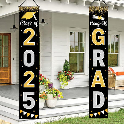 Graduation Decorations 2025 GRAD Banner Black Porch Door Sign Welcome Banner For Indoor Outdoor Wall Graduation Decorations Class of 2025