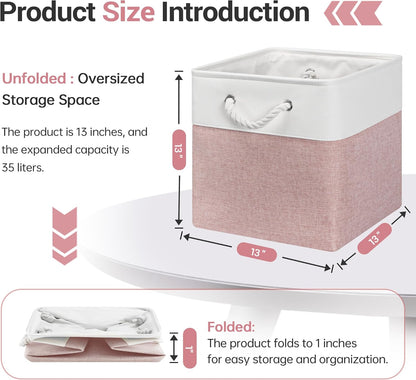13x13 Inch Cube Storage Bins with Reinforced Bottom Cardboard, 6 Pack Large Collapsible Fabric Storage Cubes with Handles for Shelf, Closet, Toy, Laundry Organization (White&Pink)
