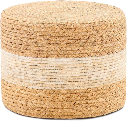 Handwoven Water Hyacinth Ottoman Pouf, Round Outdoor Footstool with Sturdy Frame, No Assembly Needed, Boho Accent Stool for Indoor & Outdoor Use – Patio, Balcony, Living Room (White)