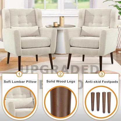 Modern Accent Chair, Upholstered Armchair with Pillow, Fabric Single Sofa Chair with Lounge Seat and Wood Legs Accent Chair for Living Room Bedroom Small Spaces (Beige, Set of 1)