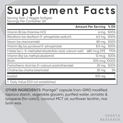 Sports Research® Vitamin B-Complex - Full Spectrum of B Vitamins with Methylated B12 & Folate - Gluten Free · Plant-Based · Non-GMO · Vegan-Friendly Formula - 120 Veggie Softgels