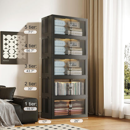 SAILUN 136Gal/543Qt Stackable Storage Bins Folding Collapsible Storage Bins with Lid, Closet Organizers and Storage, Storage Box with Door Black 26" W x 17" D x 71" H