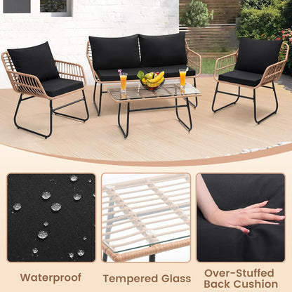 Kromax 4 Piece Patio Bistro Outdoor Furniture Set, Wicker Sofa, 2 Rattan Chairs, and Table, Backyard Conversation Set, All Weather Cushions, Natural Rattan Black Cushion