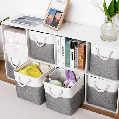 11 x 11 Inch Storage Cubes, 6 Pack Large Collapsible Fabric Storage Bin with Ropes, Foldable Storage Cubes for Home, Office,Closet, Clothes, Toys Organizer (White&Gray)