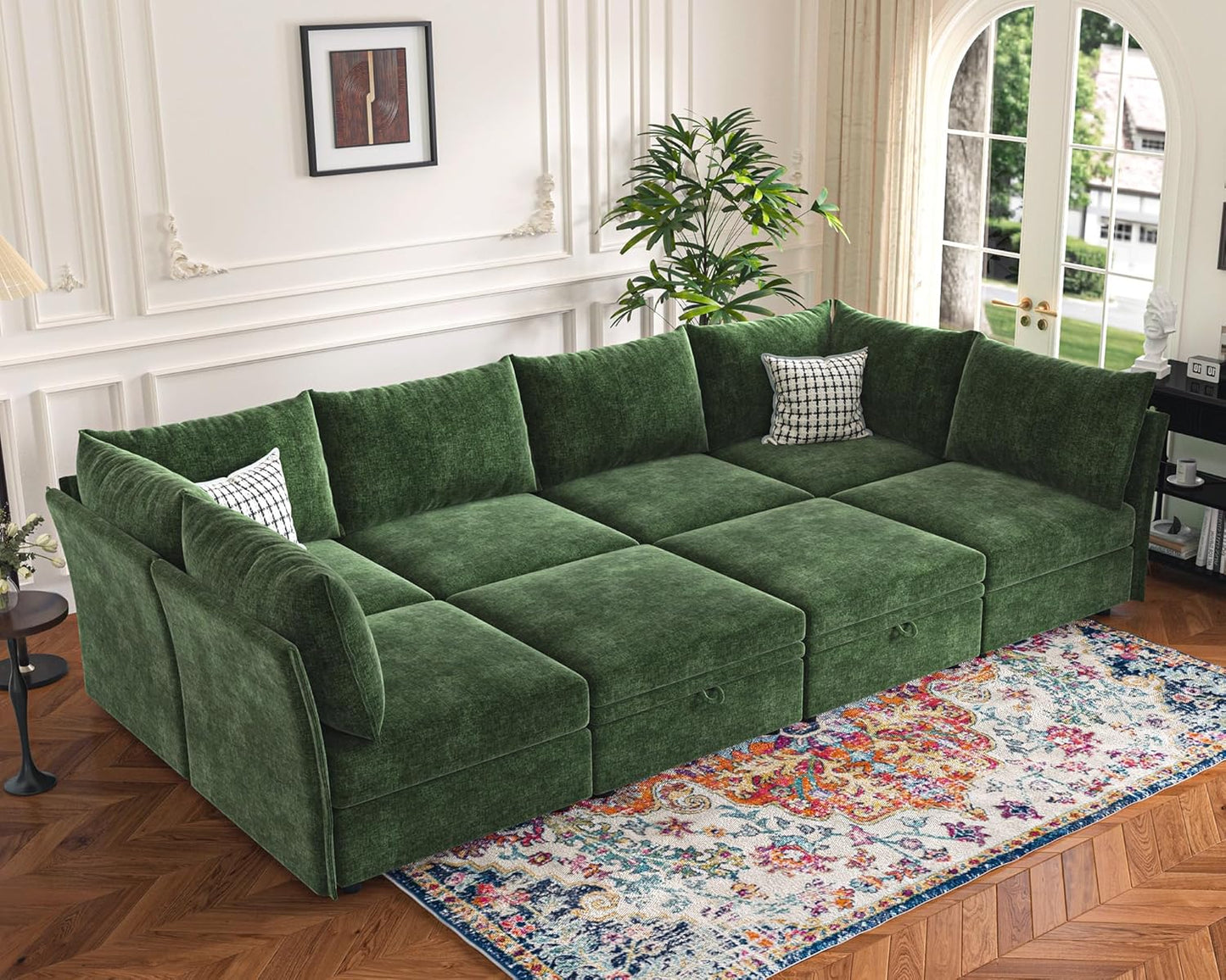 136.4" Oversized Modular Sectional Sleeper Sofa Bed, U Shaped Convertible Couch with Movable Ottoman, Large 8 Seat Corner Couches for Living Room Deep Seat Green Chenille
