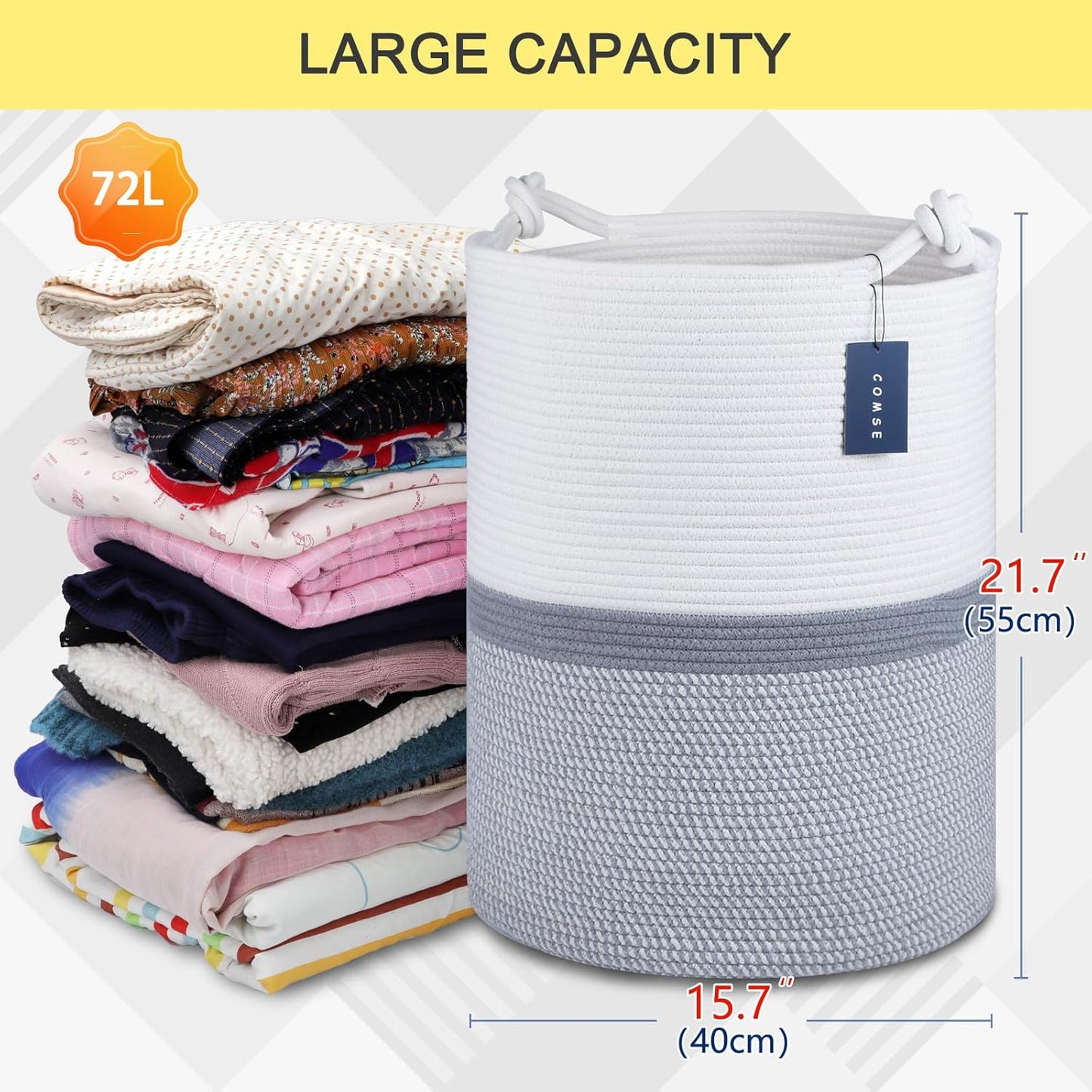 COMSE Extra Large Blanket Basket, Tall Woven Storage Basket, Nursery Hamper, 15.7”x 21.7”, Cotton Rope Laundry Hamper for Toys Clothes Towels, Blend White/Gray