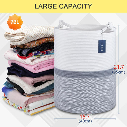 COMSE Extra Large Blanket Basket, Tall Woven Storage Basket, Nursery Hamper, 15.7”x 21.7”, Cotton Rope Laundry Hamper for Toys Clothes Towels, Blend White/Gray