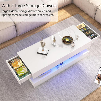 Uspeedy 47.3IN High Glossy LED Coffee Table,APP LED Lights,Black/White, Modern Furniture for Living Room (White)