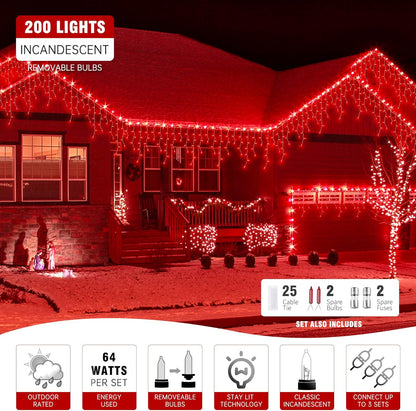 YOUNGAR 23FT 200 Icicle Christmas Lights, Waterproof Connectable Twinkle Fairy Lights for Indoor Outdoor Fireplace Wedding Decorations (Red)
