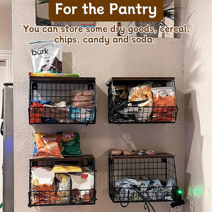 CYEAH 2 Pcs Stackable Fruit Basket for Kitchen, Hanging Wall Fruit Basket with Wood Lid, Space Saving Wall Mounted Mesh Metal Wire Baskets, Kitchen Counter Organizer for Snack, Onion, Potato Storage