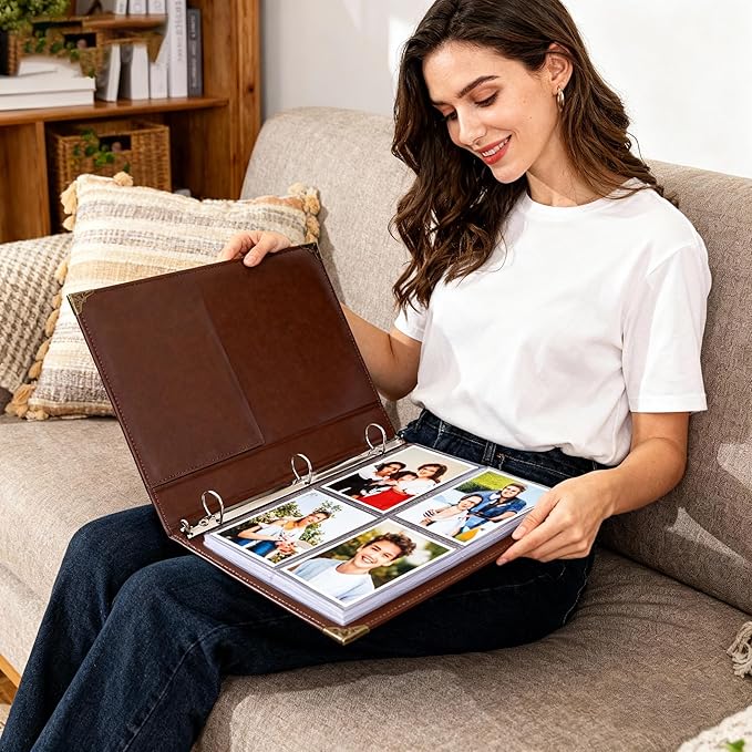 Vintage Hardback 3 Ring Binder 1 Inch, Professional Leather Binder 3 Ring, Three Ring Binders Fits 8.5" x 11", D Ring Binders for Photo Album, Home, School and Office Supplies- Brown