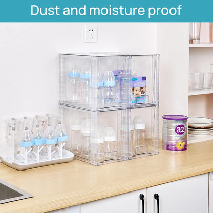 Vtopmart 4 Pack Clear Stackable Storage Drawers,9.7" High Plastic Organizers Bins for Skincare, Bathroom Supplies,Ideal for Cabinet,Undersink,Vanity,Kitchen,Pantry Organization