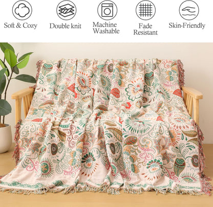 Snycler Cotton Bed Throw with Tassels, Double-Sided Bohemian Spring Flowers Plants Throws for Sofas, 60x80 inch Woven Warm Blanket for Single Sofa, Bedspread and Settee Couch Travel Green