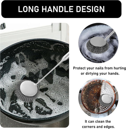 Stainless Steel Wool Metal Wire Scrubber Sponge Scouring Pads Brush Set with Handle for Cleaning Dishes,Pots and Pans,Kitchen Cast Iron,Stoves, Sink,Cooking Tools,Silver（9pcs）