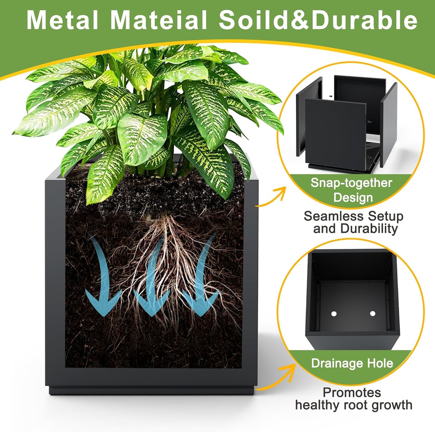 FENCY Large Square Planter 17" L x 17" W x 18" H, Planters for Outdoor Plants, Large Outdoor Planters for Porch Patio, Black Square Planter with Drainage Hole, All-Weather Use Cube Planter