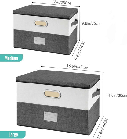 Large Linen Fabric Foldable Storage Bins with Removable Lid and Handles, Washable Storage Box Organizer Containers Baskets Cube with Cover for Bedroom,Closet,Office (Coffee&Cream, Medium)