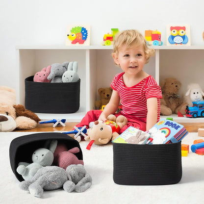 Cotton Rope storage Basket Bins 14.5X9.5X9.3“ Woven Basket for Organizing Shelves Rectangle Decorative Baskets For storage Clothes Toys Books Towels Square Wicker Nursery basket organizer 3 pack black