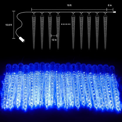 Brightown Christmas Meteor Shower Icicle Lights Outdoor, 2 Pack Total 40ft with 40 Large Tube 960 LED Dropping Effect, Waterproof Decorations for House Eave Roofline, Blue