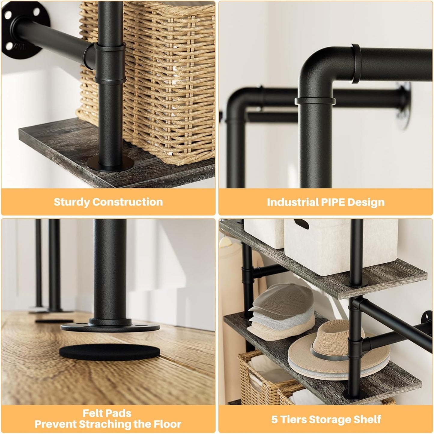 Aheaplus Industrial Pipe Clothing Rack, Reversible 6.42FT Clothes Rack for Hanging Clothes, Heavy Duty 5 Tier Wardrobe Closet Garment Racks with Shelves, Corner Closet Organizer System, Black Oak