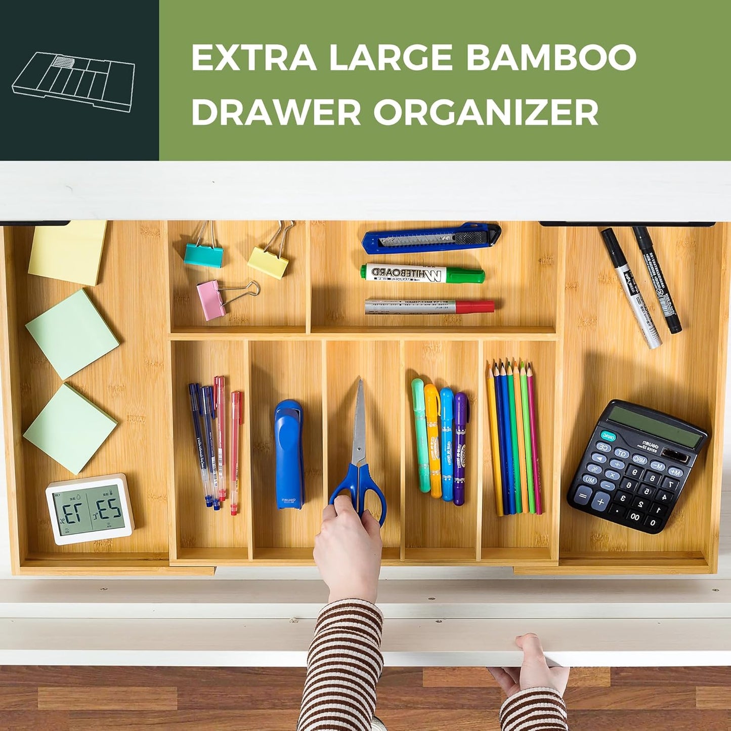 VaeFae Bamboo Kitchen Drawer Organizer, Wooden Utensil Tray with Multiple Compartments, Cutlery and Silverware Storage