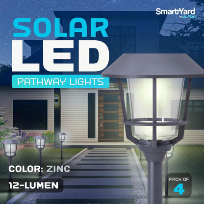 Solar LED Path Lights 4 Pack – 12 Lumens, Warm White, Weathered Zinc, Stainless Steel, Solar Powered, Weather-Resistant Outdoor Lighting for Walkway, Garden, Patio, Sidewalk