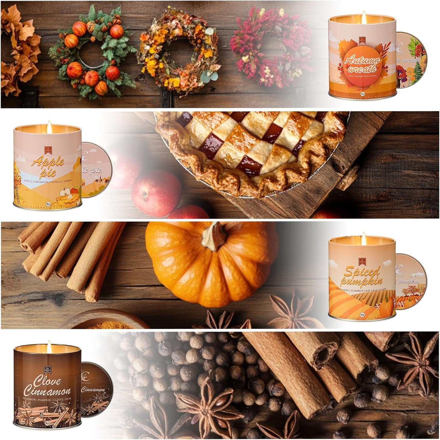 4 Pack Scented Fall Candles Set, 36oz Aromatherapy Soy Wax Candles for Home Scented, Halloween House Warming Gifts Birthday Candle for Women Halloween Apple Pie/Autumn Wreath/Cinnamon/Pumpkin Candle
