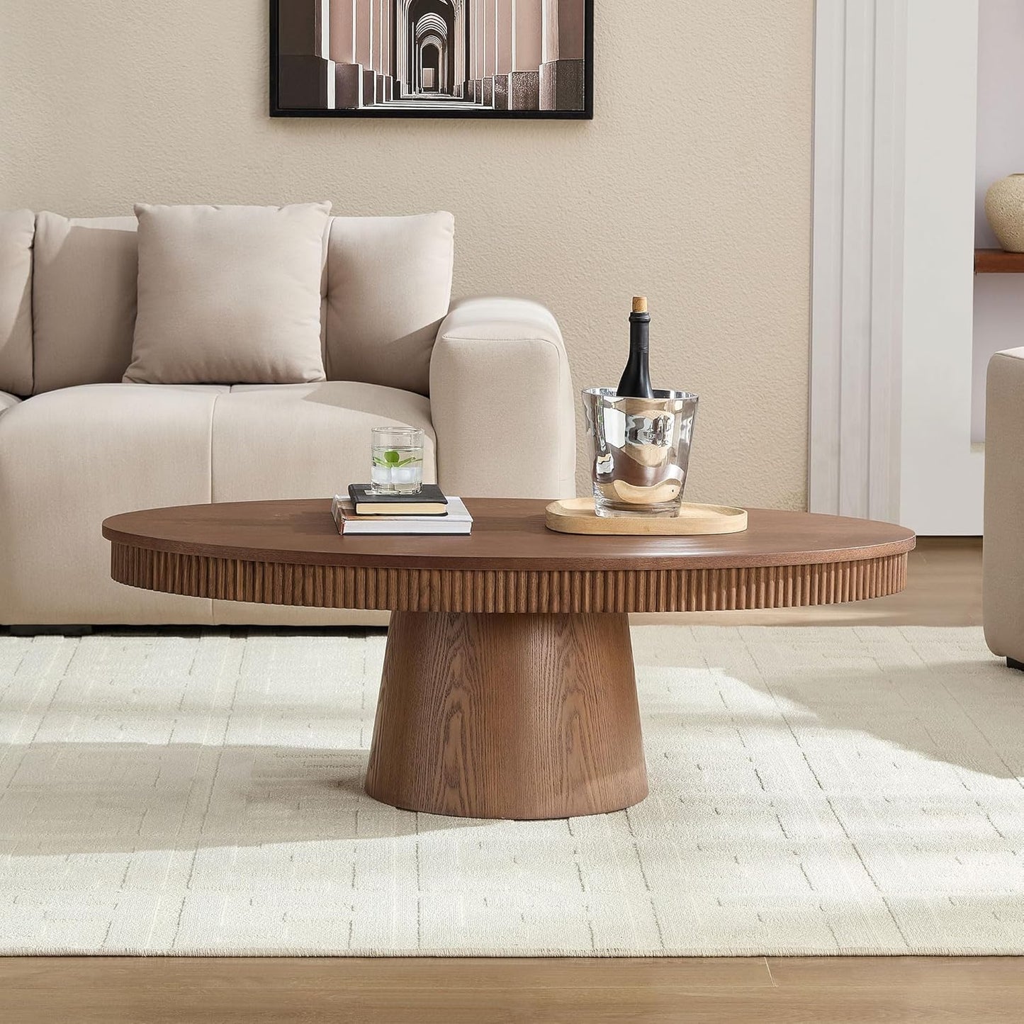 Modern Oval Coffee Table with Wood Pedestal,47.24" Farmhouse Center Table for Living Room, Ellipse Coffee Tables Tea Table for Bedroom, Apartment-Walnut