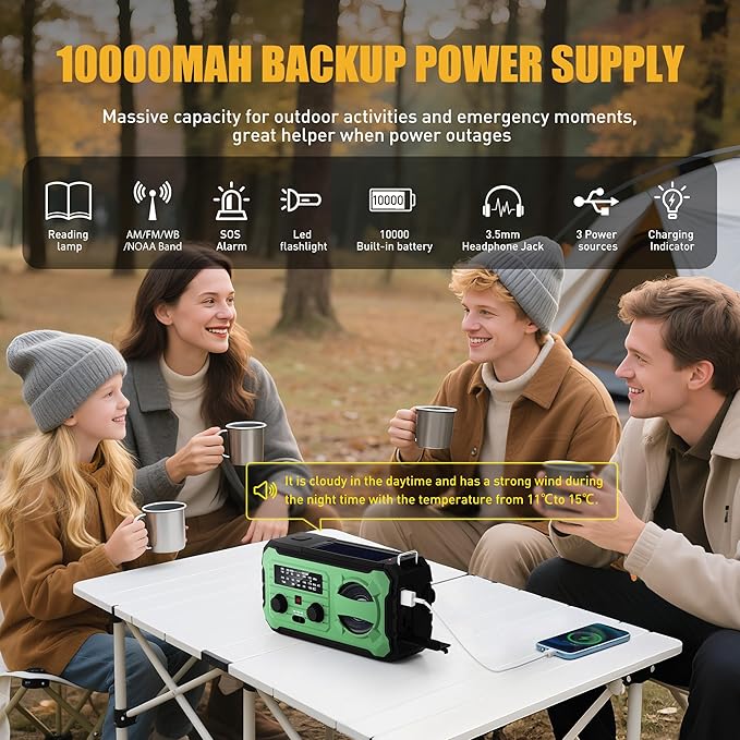 Hand Crank Emergency Radio, 10000mAh Weather Radio with AM/FM/NOAA, Solar Prower, SOS Alarm, Phone Charging, LED Flashlight, Portable Survival Gear for Outdoor & Home Emergencies Kits, Light Green