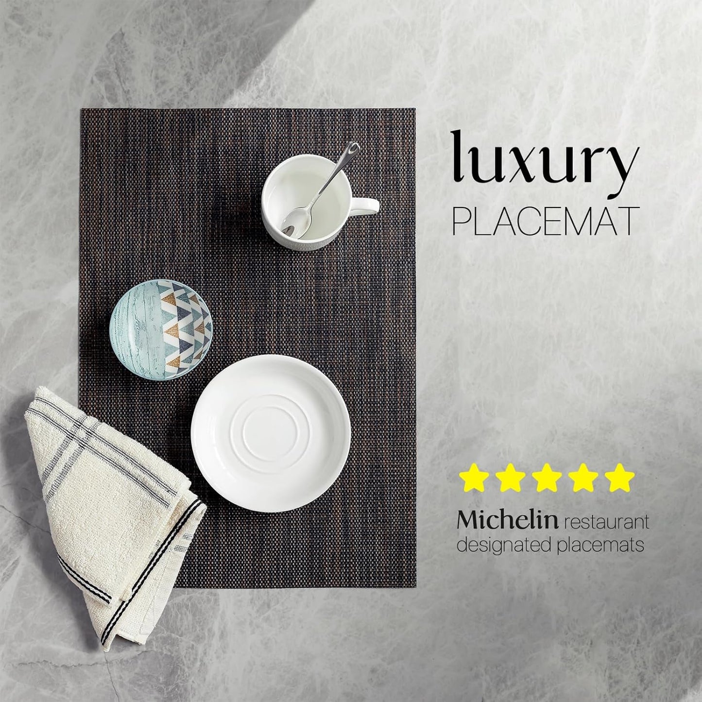 LEXMORE Placemats Set of 4 Vinyl/Plastic Woven Place Mats for Kitchen Table Indoor/Outdoor Washable Placemat Wipeable Dining Table Mats(Black/Brown)