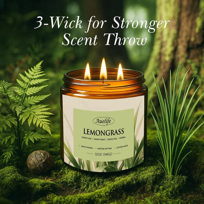 Auelife Lemongrass Scented Candle | 3-Wick Jar Candle - 12oz Natural Soy Wax - Citronella Scent for Indoor Outdoor Use, Long Lasting Aromatherapy Gifts for Fathers Day, Summer, 50+ Hour Burn