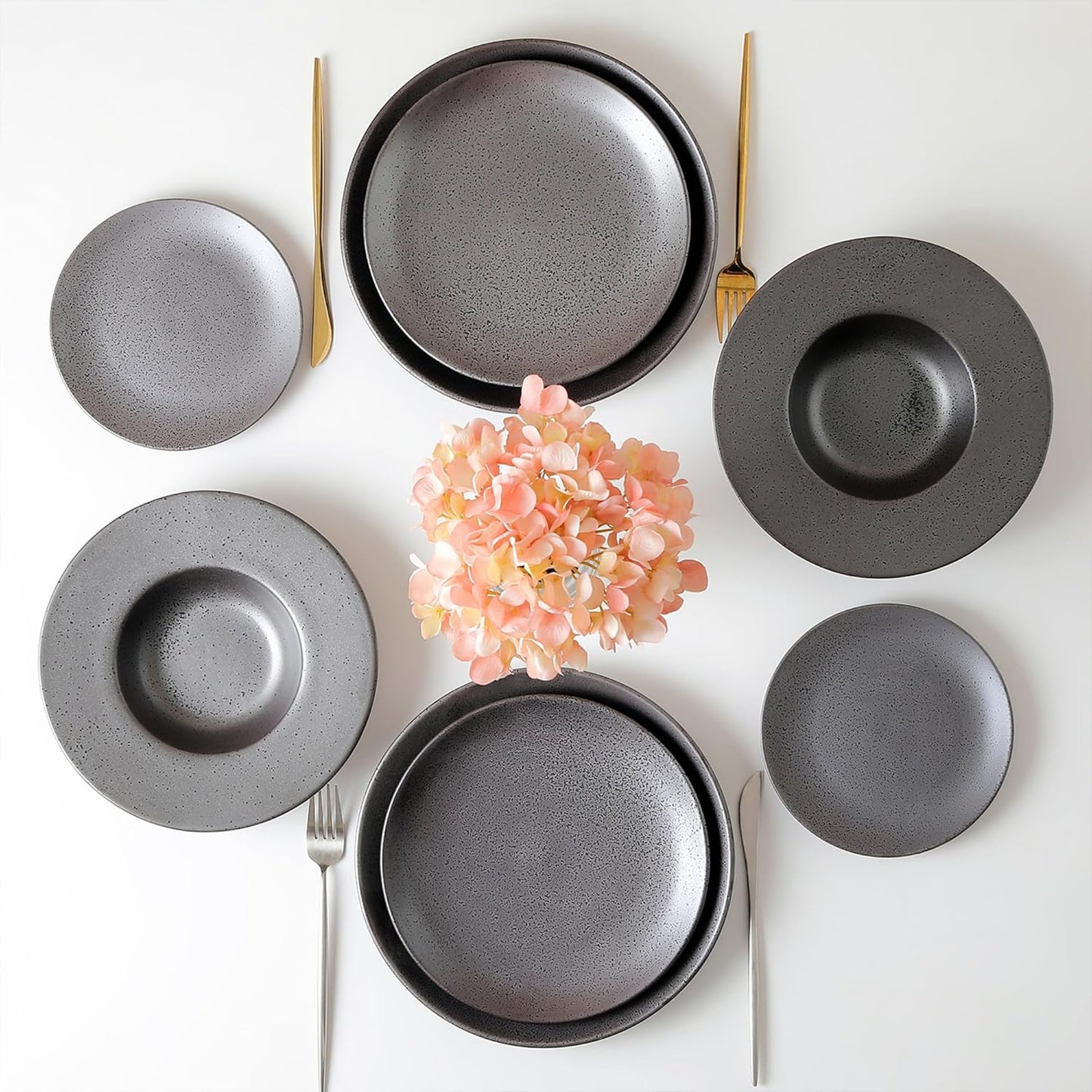Stone Lain Valencia Porcelain 32-Piece Round Dinnerware Set, Plates and Bowls Set, Dish Set for 8, Metallic Grey