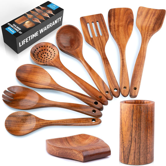 Zulay Kitchen 10-Piece Wooden Spoons for Cooking - Smooth Finish Teak Wooden Utensils for Cooking - Soft Comfort-Grip Wood Spoons for Cooking - Non-Stick Wooden Cooking Utensils - Wooden Spoon Sets