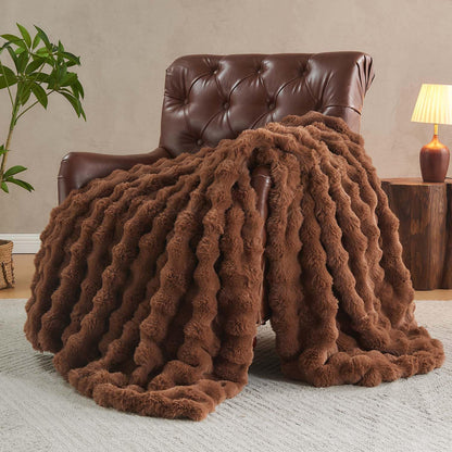 Lotus Karen Faux Fur Throw Blanket Dark Coffee - Big Bubble Rabbit Fluff Blanket for Couch Bed Sofa,Softest Fluffy Fuzzy Cozy Blanket,Thick Furry Plush Shaggy Warm Blankets for Women,108x90 Inches
