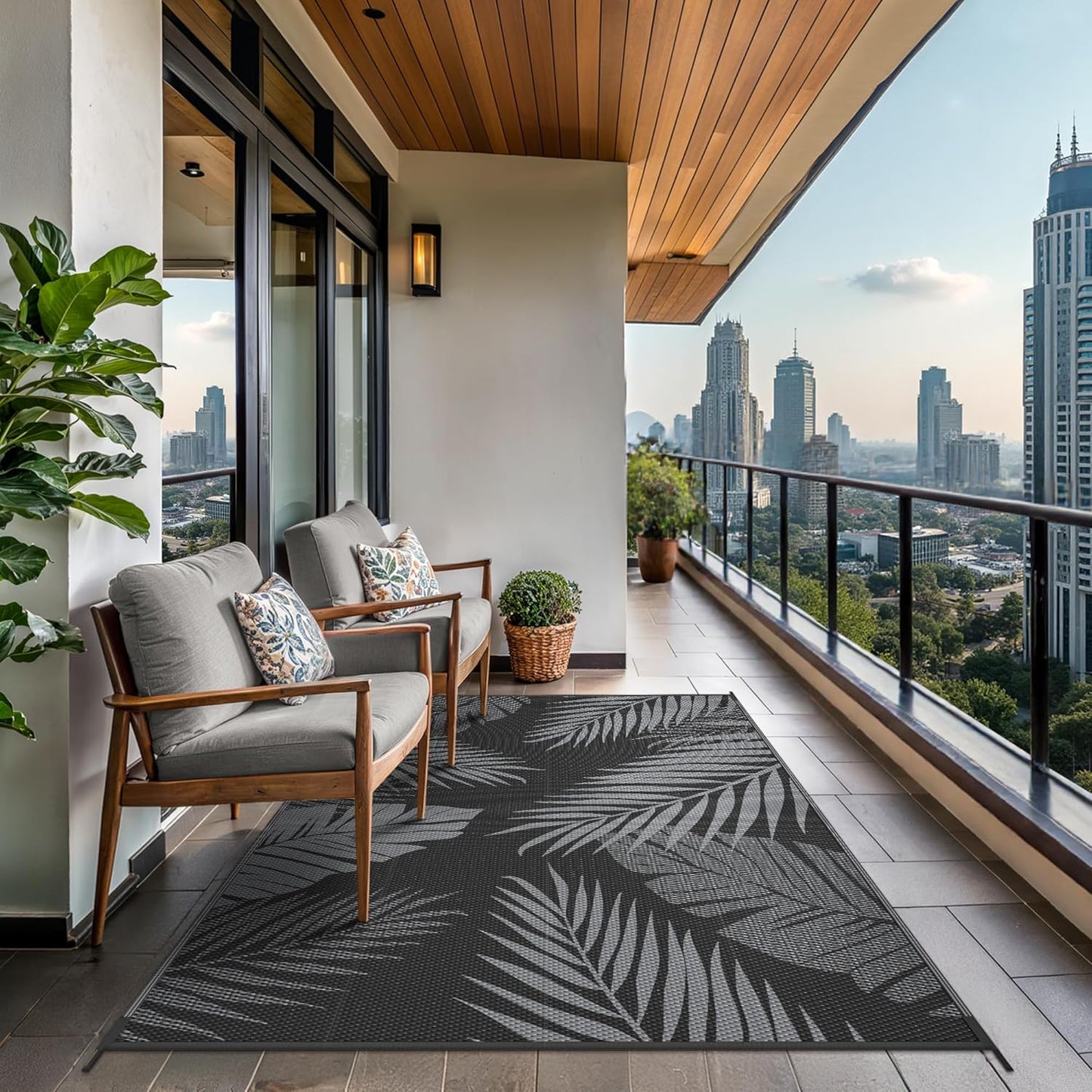 GENIMO Outdoor Rug 4' x 6' Waterproof for Patios Clearance, Reversible Outdoor Plastic Straw Camping Rug Carpet, Large Area Rugs Mats for RV, Camper, Deck, Balcony, Porch, Beach, Picnic, Black&Grey