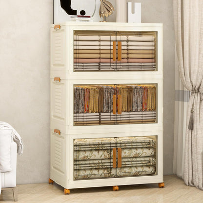 Plastic Stackable Storage Bins with Lids and Wheels, Foldable Closet Organizers and Storage Containers for Bathroom, Collapsible Clear Drawer Storage Cabinet with Doors White 38Gal 3Tiers