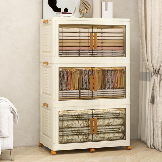 Plastic Stackable Storage Bins with Lids and Wheels, Foldable Closet Organizers and Storage Containers for Bathroom, Collapsible Clear Drawer Storage Cabinet with Doors White 38Gal 3Tiers