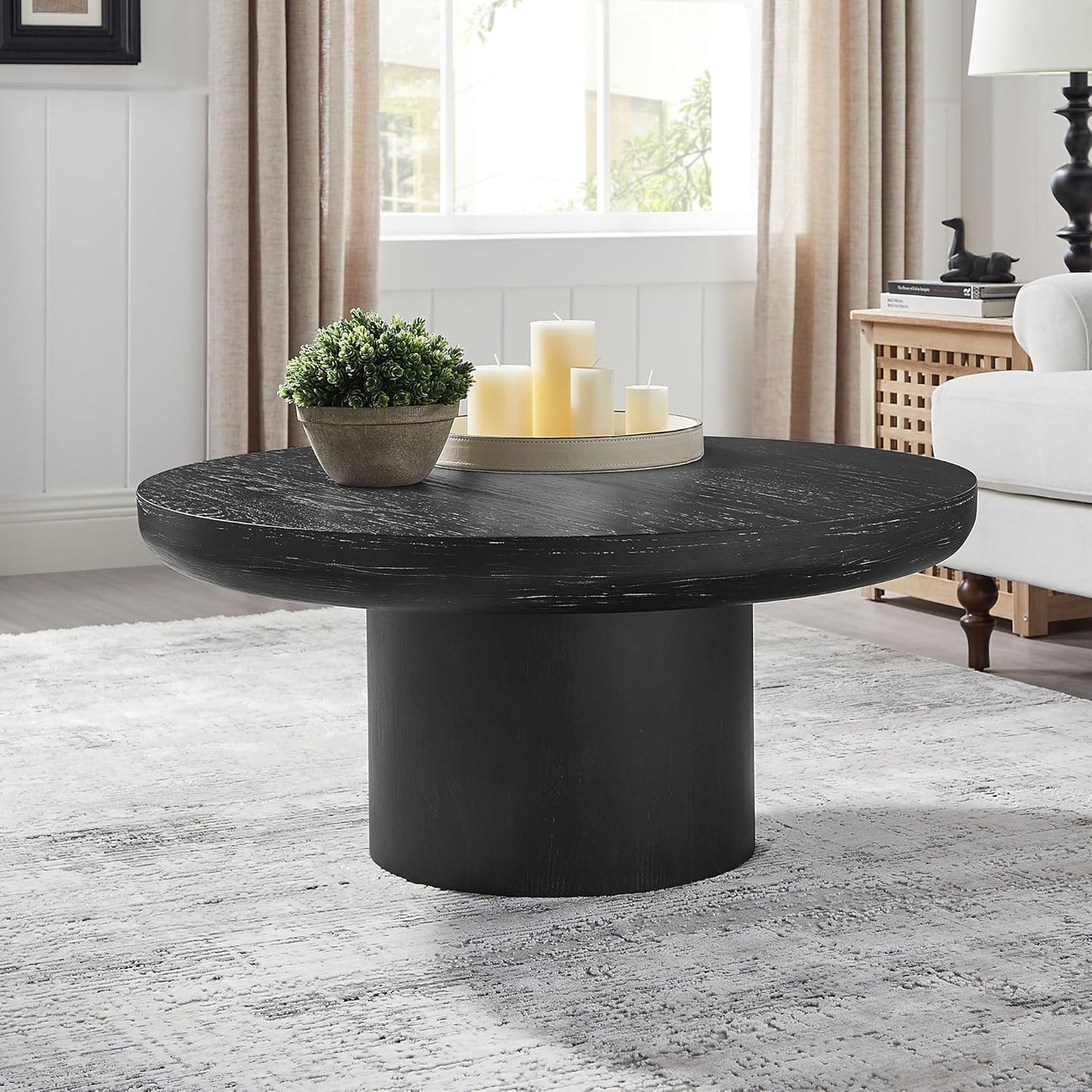 WILLIAMSPACE 35.98" Round Coffee Table with Cylindrical Base, Modern Wood Drum Center Table, Accent Side End Table for Living Room Apartment, φ35.98"*15.98"H (Black)