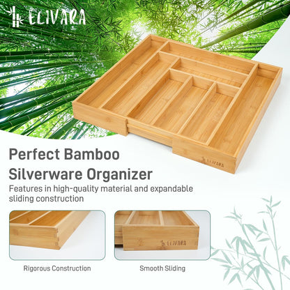 100% Bamboo Expandable Drawer Organizer - Adjustable Utensil and Cutlery Tray for Kitchen, Office, and Bathroom Storage.