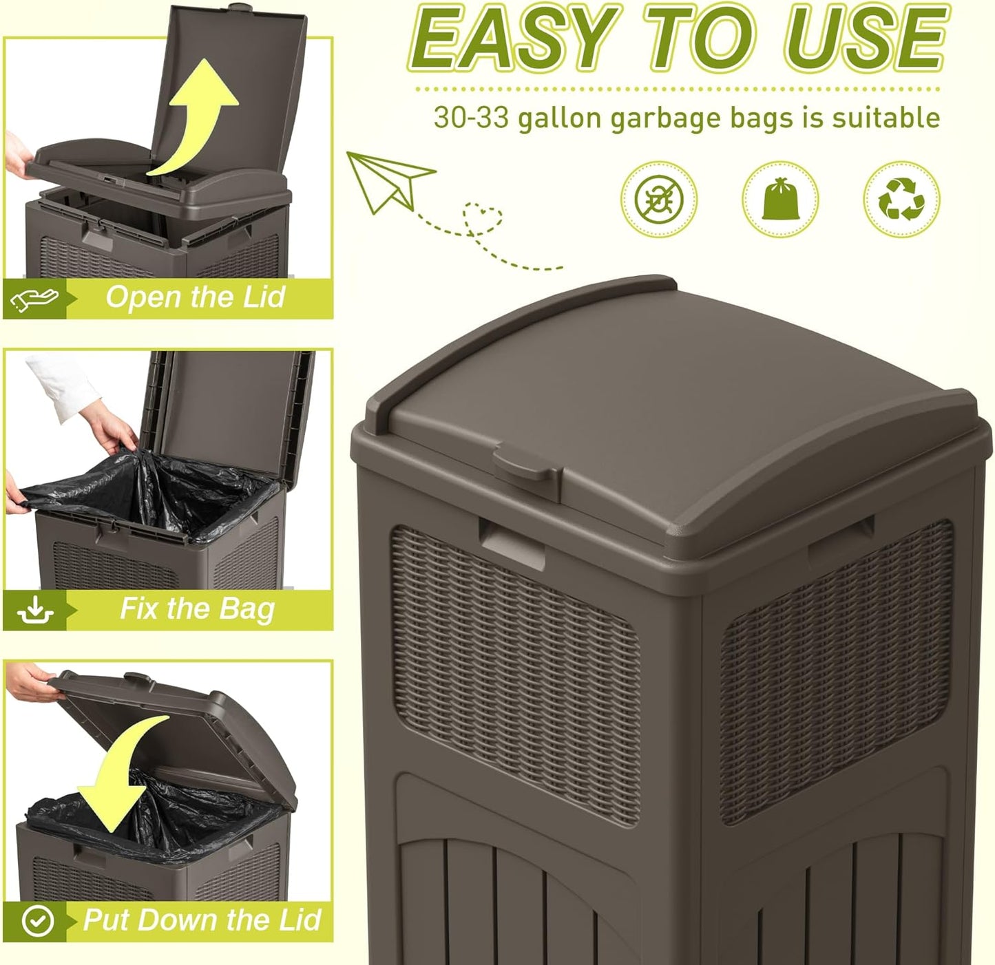 Greesum 33 Gallon Outdoor Trash Can with Lid (2-Pack), Heavy Duty Resin Garbage Bin, Waterproof & UV Resistant for Patio, Garden, Deck, Yard, Brown