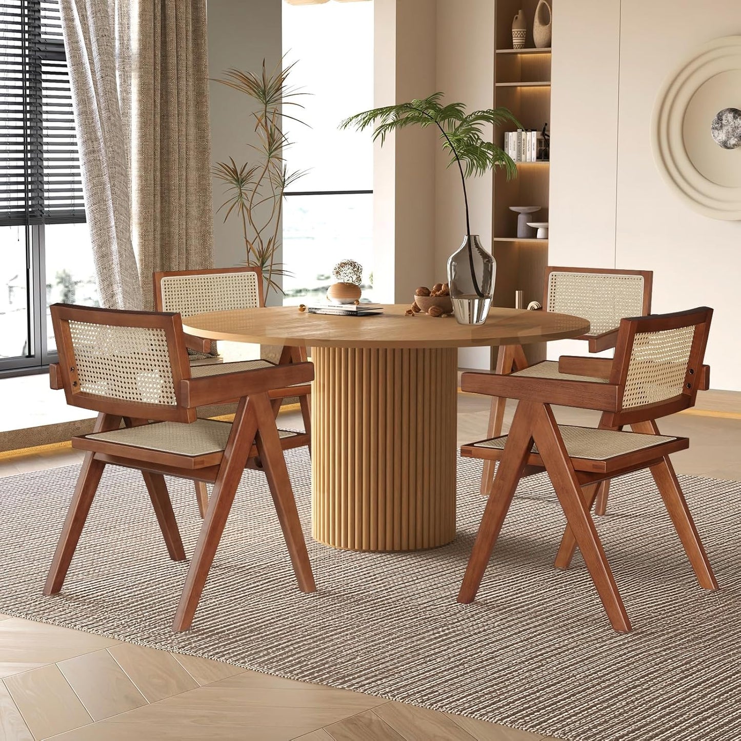 Rattan Walnut Mid Century Modern Dining Chairs Set of 4, Comfy Armchairs with Cane Back, Outdoor Kitchen Chairs for Multiple Rooms